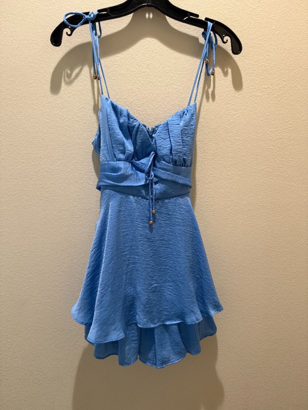 Cellecci Blue Satin Tiered Romper with Bow Sash Size M
